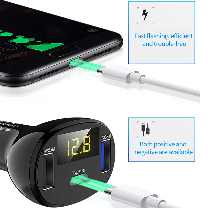 QC3.0 автомобиля Зарядное устройство прикуриватель Смарт двойной тип разъема Usb C