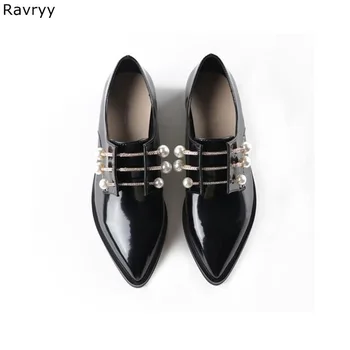

Woman black leather shoes white pearl decor single shoe pointed toe female casual shoes slip-on autumn fashion girl dress shoes