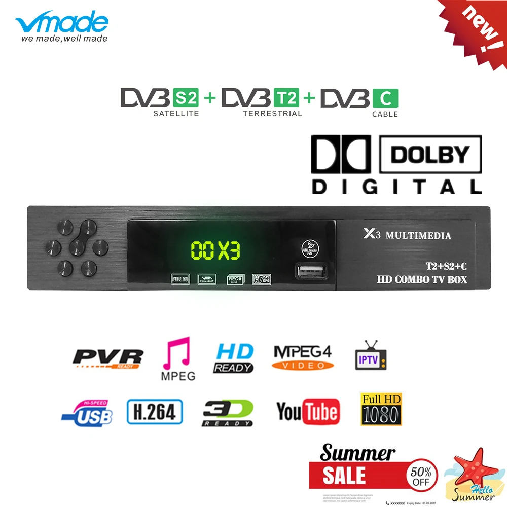 

Vmade X3+Combo DVB-S2/T2/C Satellite TV Receiver Support Dolby Cccam Newcamd Mgcamd Powervu Key TV Turner USB Wifi Set Top Boxes