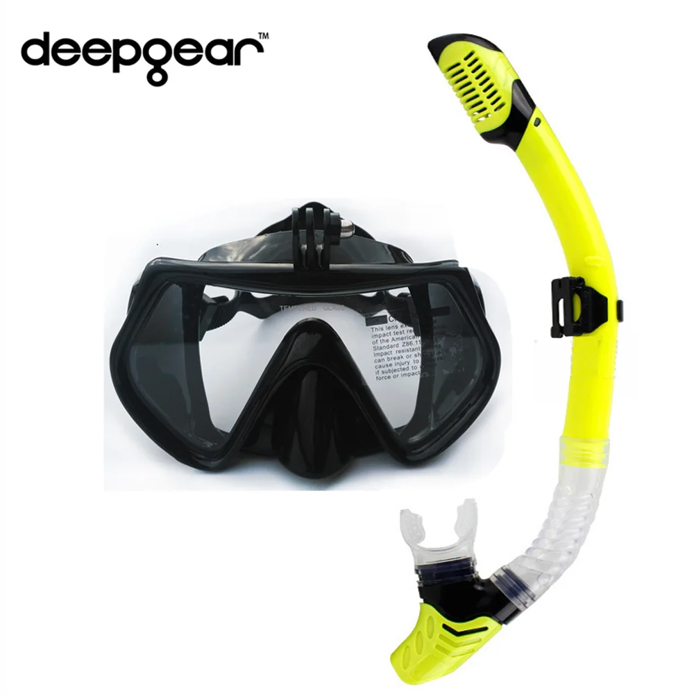 DEEPGEAR камера, маска для подводного плавания, набор для подводного плавания, черная силиконовая маска для подводного плавания с сухой трубкой, закаленное стекло, маска для подводного плавания для Gopro