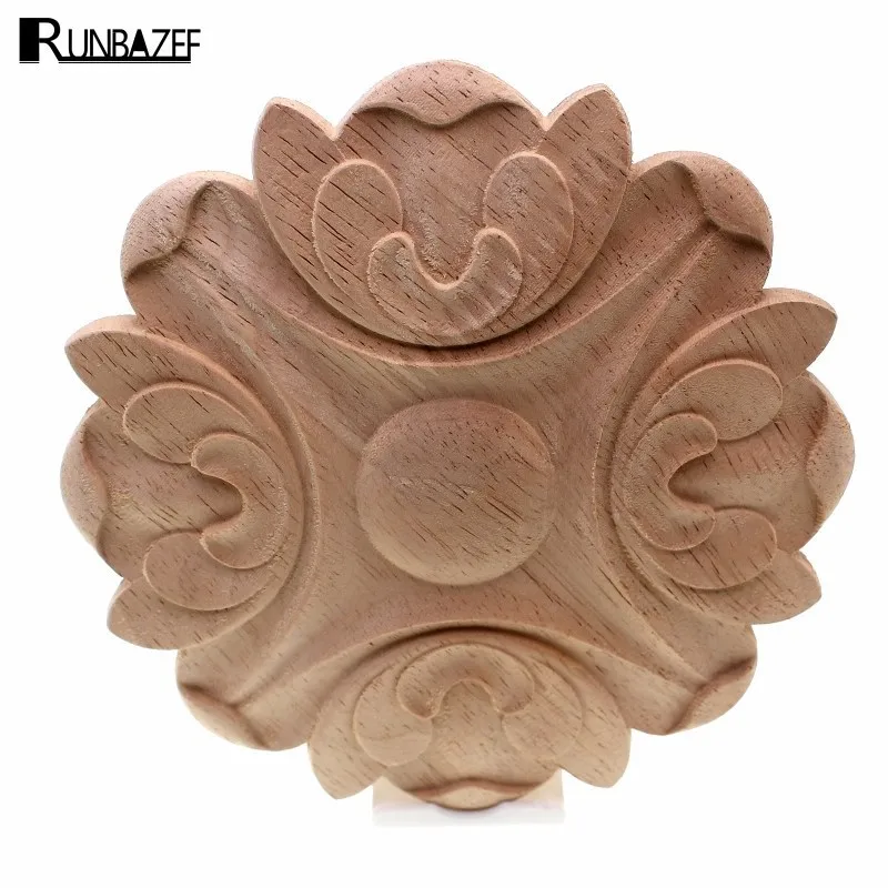 1Pcs Round Wood Carved Flower Applique Furniture onlay applique For Mirror 