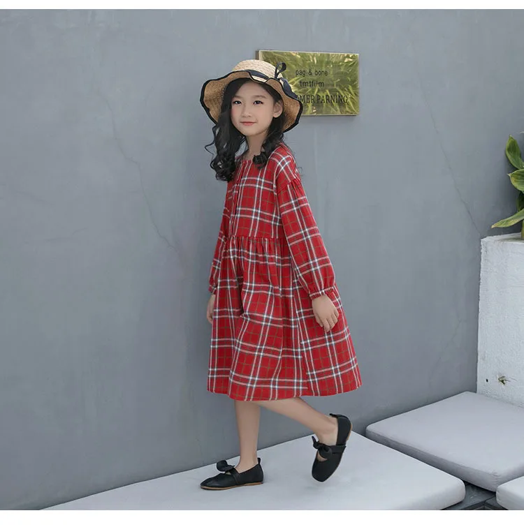 Plaid Cotton Preppy Style Knee Length Dresses For Teens Girls Dresses Age 13 14 Years Toddler Red Long Sleeve Party Dress Kids  (14).jpg