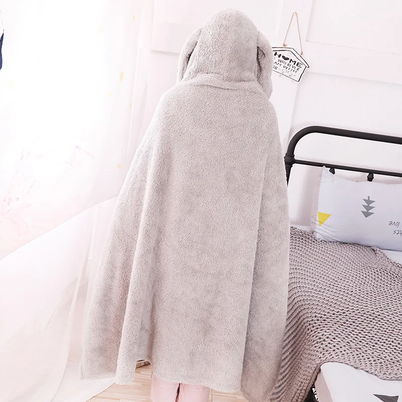Dropshipping Plush Bunny Winter Hooded Cape Cloak Cartoon Animal Rabbit Coral Fleece Blankets Hoodie Warm Poncho Peluches