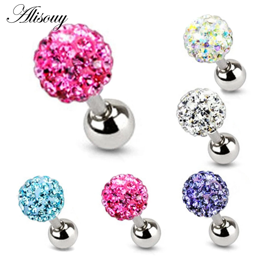 Alisouy 2PCS 3 4 5mm Trendy Crystal Ball Earrings Surgical Steel Ear Plugs Women’s Ear Studs Screw back Body Piercings Jewelry