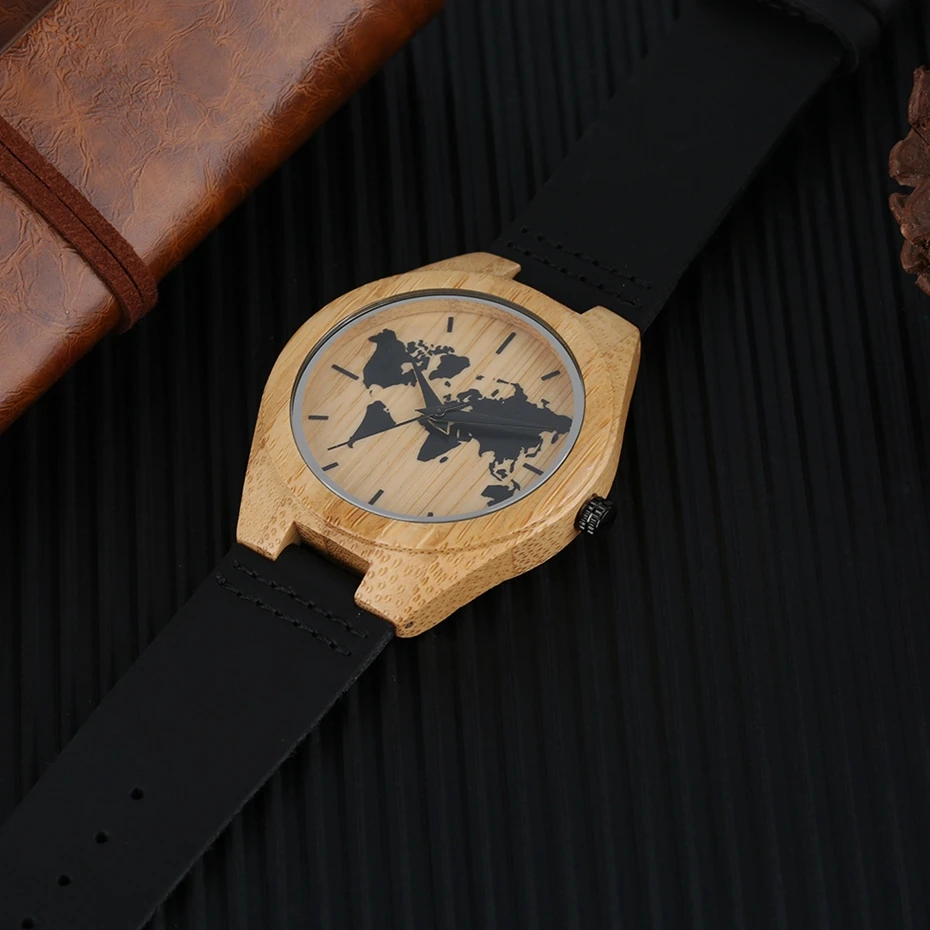Minimalist Watch Men's Creative World Map Watch Natural Bamboo Wood Quartz Analog Handmade Clock Male Black Genuine Leather Hour 2018 (11)
