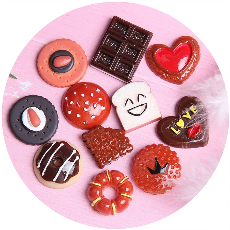 

10Pcs/lot Simulation Food Flat Back Resin Cabochon Artificial Bread Chocolate Donut Resin Cabochons DIY Scrapbooking Accessories