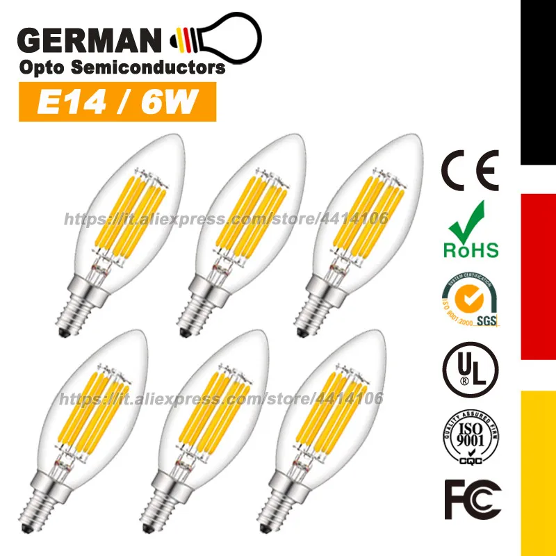

6W 2700K Warm White, 60W Equivalent E14 Base Filament LED Candle Bulbs, 360 Degrees Beam Angle, 6 Pack