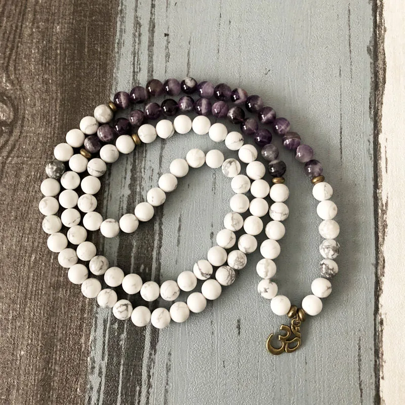 Молитвенные бусы Howlite Mala 108 8 мм ожерелье Ом и браслет фиолетового цвета A gate белый