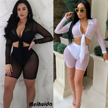 

Women Sexy Long Sleeve See-Through Bikini Cover Up Beachwear Mesh Fishnet V-neck Lace-up T-shirt Crop Tops High Waist Shorts Set