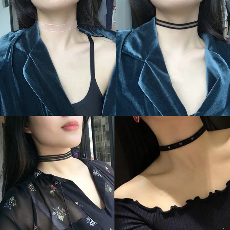 

Hot Sale Woman Short Choker Necklace Collars Vintage Sexy Hollow Lace Wave Gothic Tattoo Leather Transparent Elasticity Necklace
