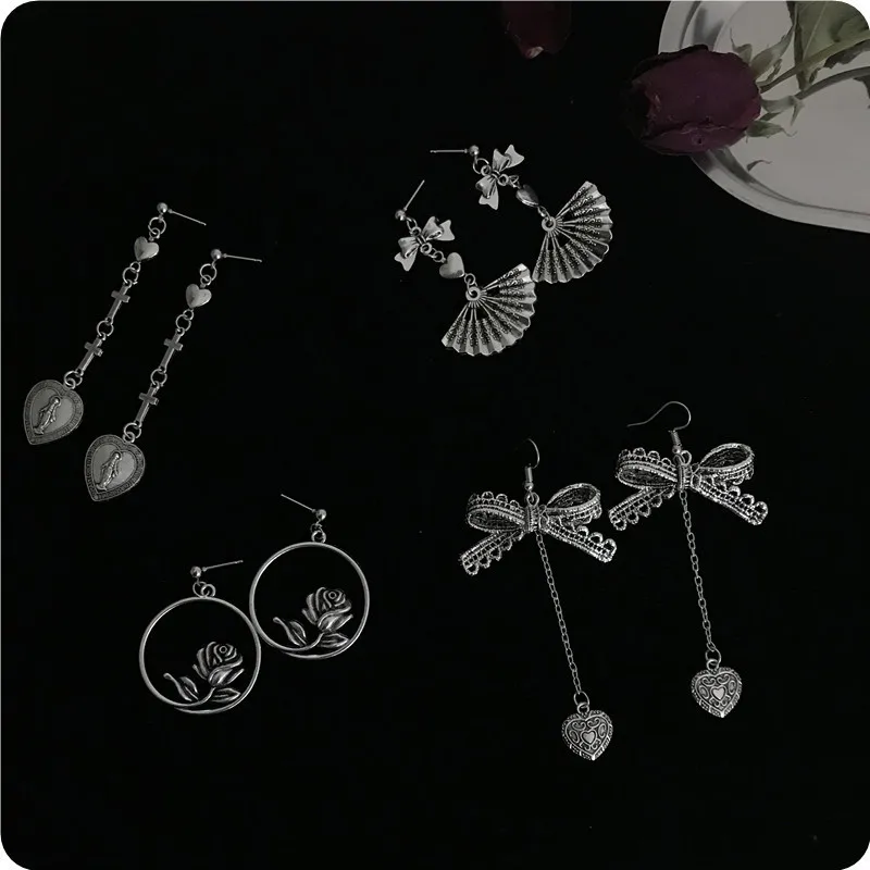 

Europe and the United States Harajuku retro love cross lace bow earrings female temperament long pendant earrings For Women