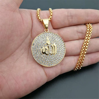 

Hip Hop Iced Out Round Allah Pendant Necklace Stainless Steel Islam Muslim Arabic Gold Color Prayer Jewelry Dropshipping