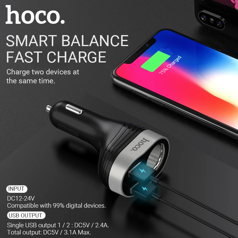 

hoco dual usb a cigarette lighter port adapter splitter 12v 24v car lighter charger usb for iphone samsung xiaomi android socket