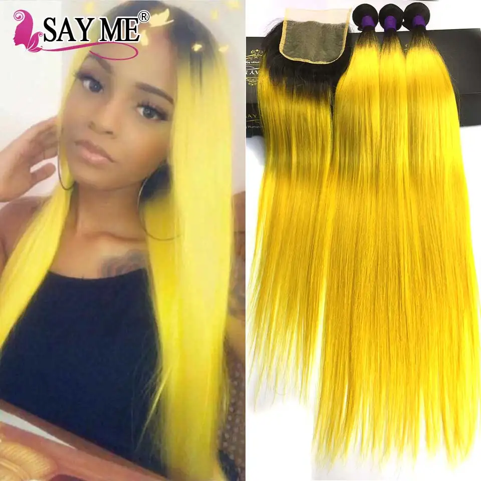 1B/Yellow Dark Root Ombre Peruvian Straight Hair 3 Bundles With Closure Remy Double Weft Human Hair Bundles With Closure Colored 1B/Yellow Dark Root Ombre Peruvian Straight Hair 3 Bundles With Closure Remy Double Weft Human Hair Bundles With Closure Colored