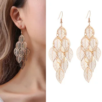 

2018 Fashion Vintage Leaf Drop Earrings For Women Gold Color Boho Statement Pendientes Long Pompom Dangle Earrings Jewelry