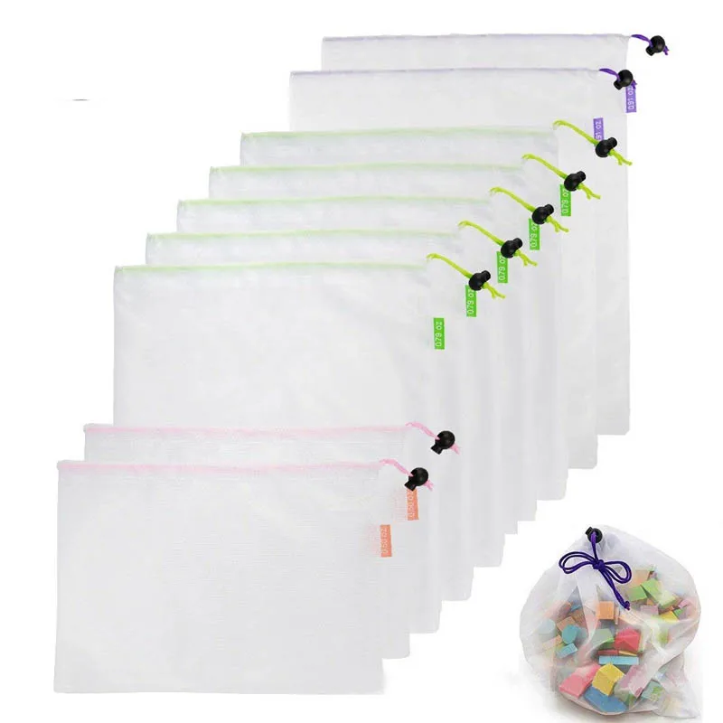 

9pcs Reusable Mesh Bags for Fruit and Vegetables Polyester Toy Pouch Drawstring Kitchen Produce Bag Organizer Bag Storage Bag