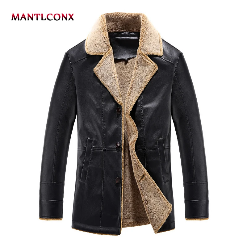 

MANTLCONX 2019 New Men's Leather Jacket PU Coats Mens Thermal Outerwear Winter Fur Male Fleece Jackets Brand Clothing Men
