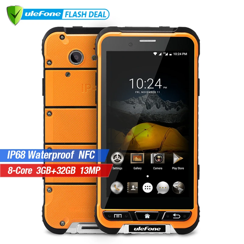 Ulefone Armor IP68 Водонепроницаемый Cмартфон 4.7 дюймов HD MTK6753 Octa Core Android 6.0 3 ГБ Оперативная память 32 ГБ Встроенная память Основная камера 13MP OTA 4G Мобильный телефон Функция NFC Защищённый смартфон