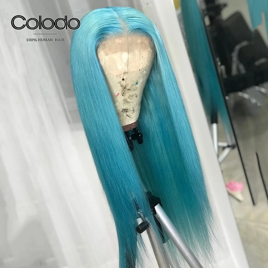 Colodo preplicked светло-синий парик шнурка бразильский темно-синий пастельный синий парик шнурка фронта бесклеевая Remy прямые человеческие волосы