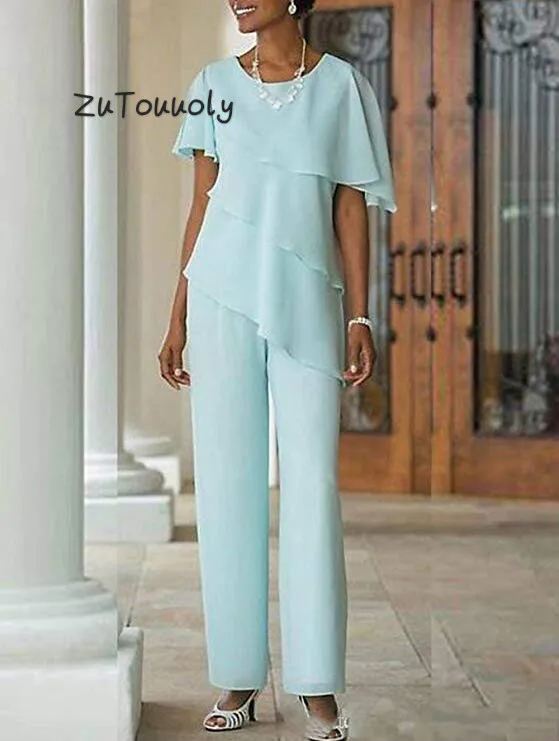 2019 New Mother of the Bride Dresses Pants Suits Wedding Guest Dress Silk Chiffon Short Sleeve Tiered Mother of Bride Pant Suits Custom Made