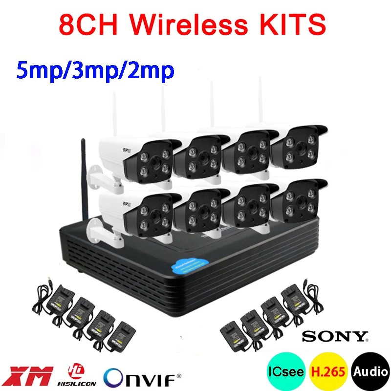 

5mp/3mp/2mp White 6pcs Array Led Waterproof Two way Audio H.265+ 25fps 8CH 8 Channel WIFI Wireless IP Camera kits Free Shipping