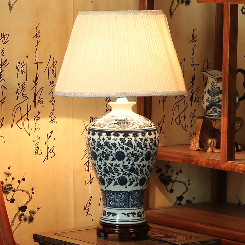 Antique style blue and white porcelain ceramic table lamps for bedside