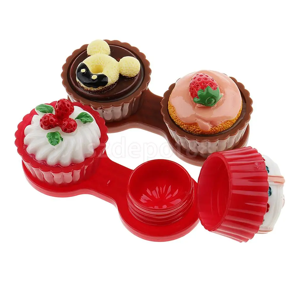 2 Set Mini Contact Lens Box Travel Cartoon Cute Cream Cake Contact Lenses Holder with Storage Zipper Pouch Black/ Rose Red