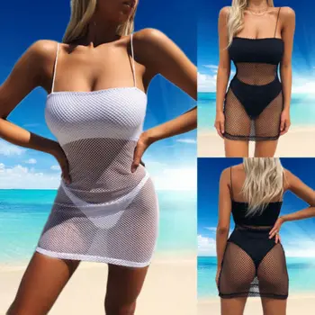 

Sexy Women Hollow Out Fishnet Crochet Sundress Bathing Suit Ladies Summer Mesh Bikini Cover Ups Swimwear Beachwear Sundress