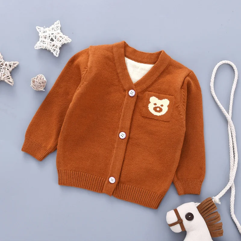 Милый детский свитер с медведем; кардиган; Хлопковый вязаный свитер для новорожденных мальчиков; Детский кардиган с v-образным вырезом и длинными рукавами; свитер для улицы; сезон весна