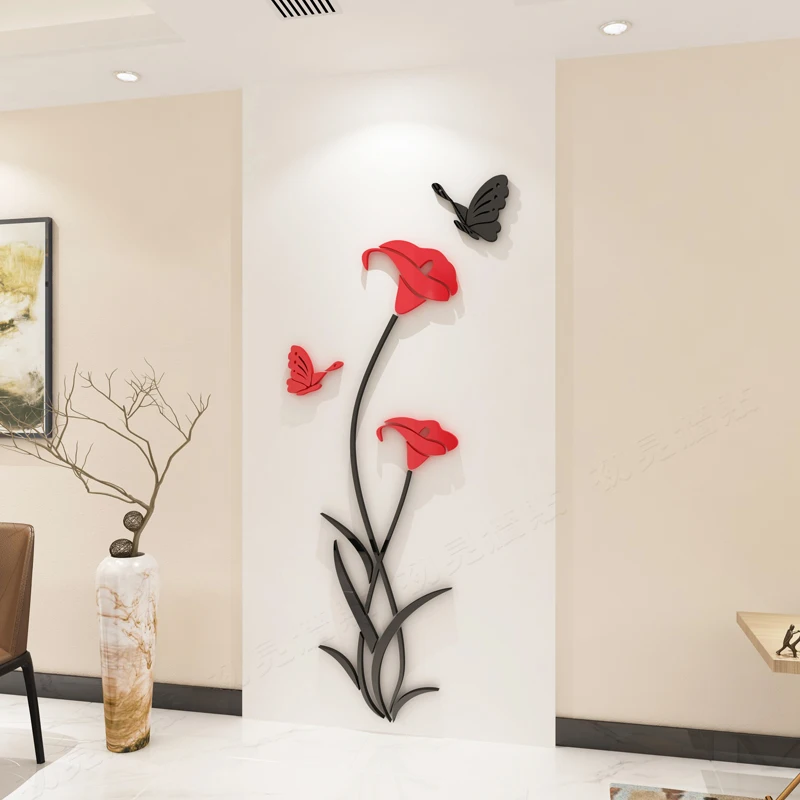 

Lily butterfly Crystal acrylic wall sticker Living room Morning glory 3D wall sticker Restaurant TV background wall decoration