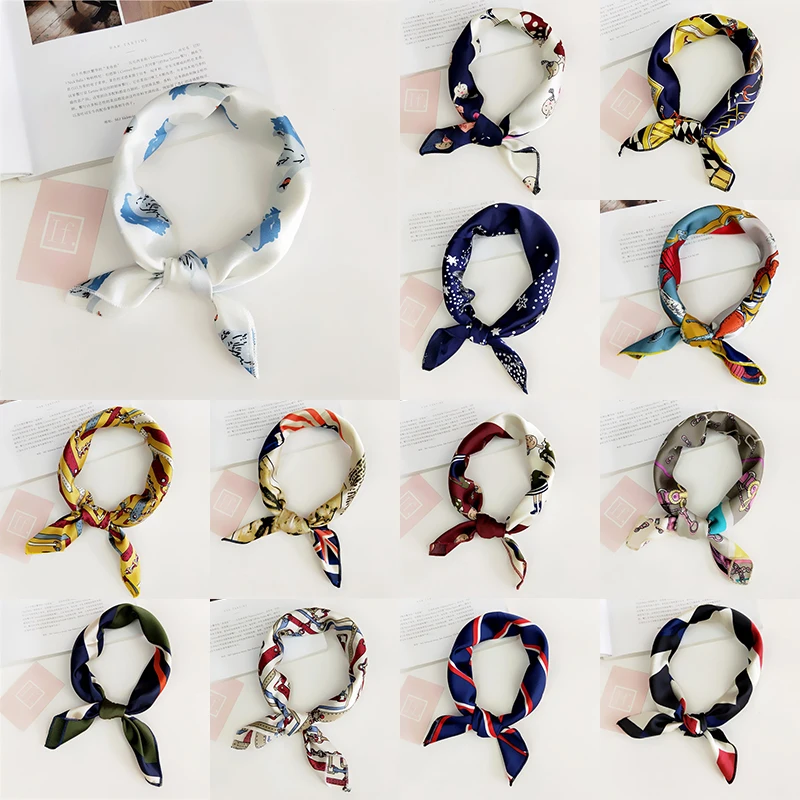 

Women Elegant Silk Feeling Square Scarf Hair Tie Band Spring Summer Fashion Vintage Cute Floral Dot Head Neck Neckerchief New