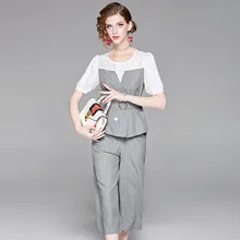 Elegant Office Lady Formal Two Piece Outfits 2018 Summer Designer Short Sleeve Striped Shirt Pants Suit Set Women’s Clothing Set