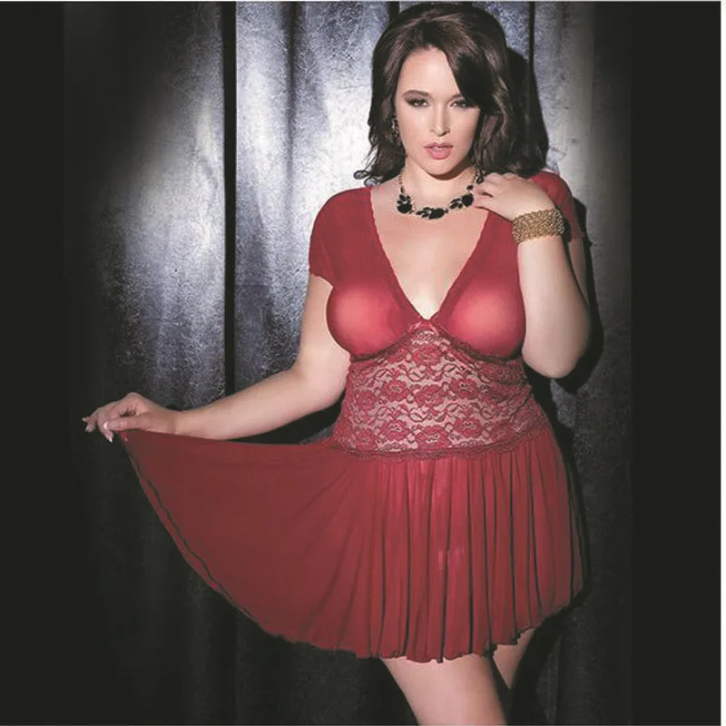 

See Through Plus Size 5xl 6xl Women Sexy Red Lace Lingerie Short Sleeve Waist Deep V Nightdress Women Hot Erotic for Body Outfit