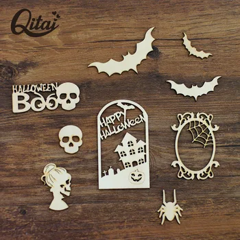 

QITAI 28pcs "Halloween" Wooden Veneer Shape DIY Scrapbooking bat spider wood Products for children gifts home decoration wf158