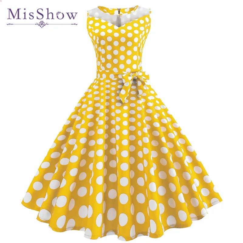 MisShow Yellow Dot Dress Knee Length Elegant Ball Gown Round Neck ...
