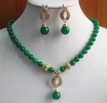 

elegant 8mm green jade necklace 18kgp dangle jade earring&pendant jewelry set