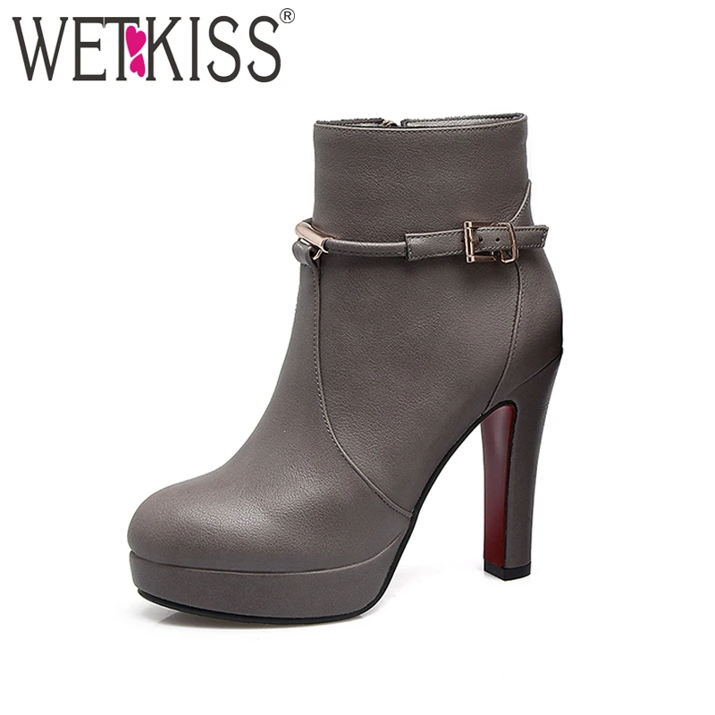 

WETKISS 2019 Latest Fashion Women Ankle Boot High Heel Buckle Decor Platform Lady Booties Female Woman Boot Shoes Big Size 33-46