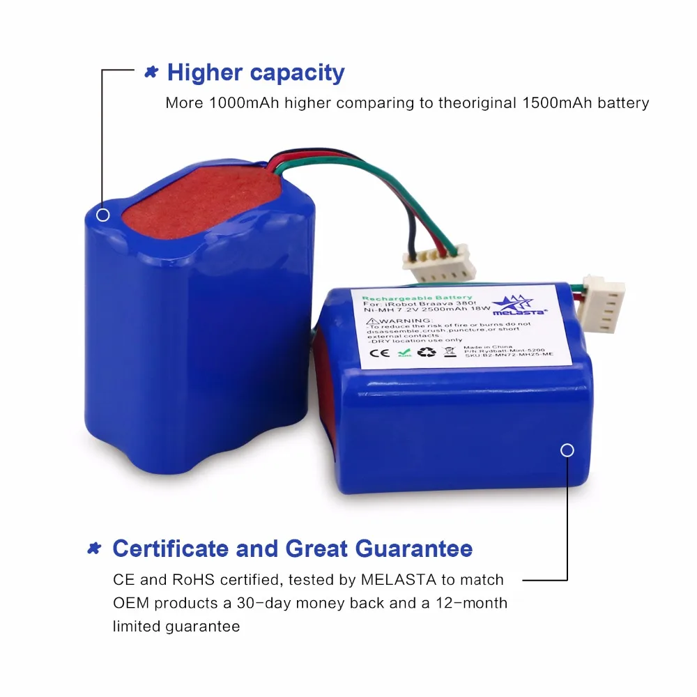 Billig MELASTA 7,2 V 2500mAh NiMH Ersatz Batterie für iRobot Roomba Mint 5200 5200C Braava 380 380t 380j Boden reiniger Wischen Roboter