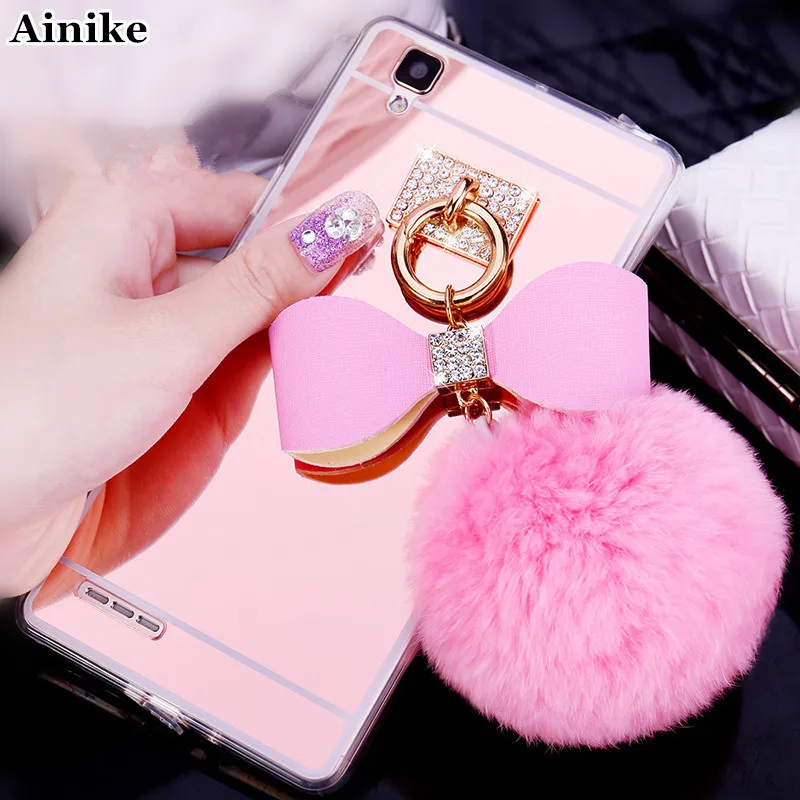 Ainike Diamond Mirror TPU With Pendant Rabbit Fur Ball