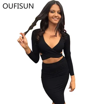 

Oufisun Summer Sexy Hollow Out V-neck Bodycon Dress Women's Full Sleeve Patchwork Mini Dress White Pencil Party Dresses Vestido