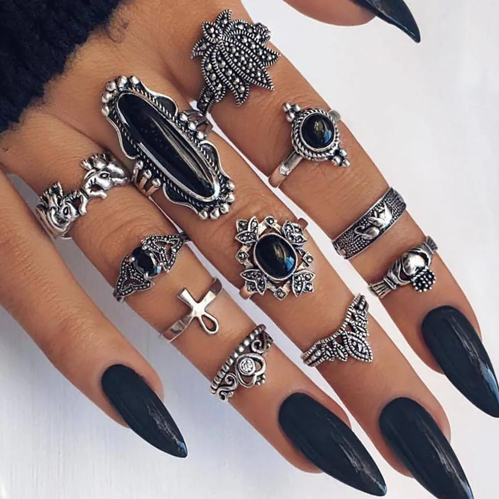 

Boho Ancient Silver Elephant Midi Ring Sets For Women New Anillos Vintage Lotus Crystal Opal Knuckle Rings Female 2019 Jewelry