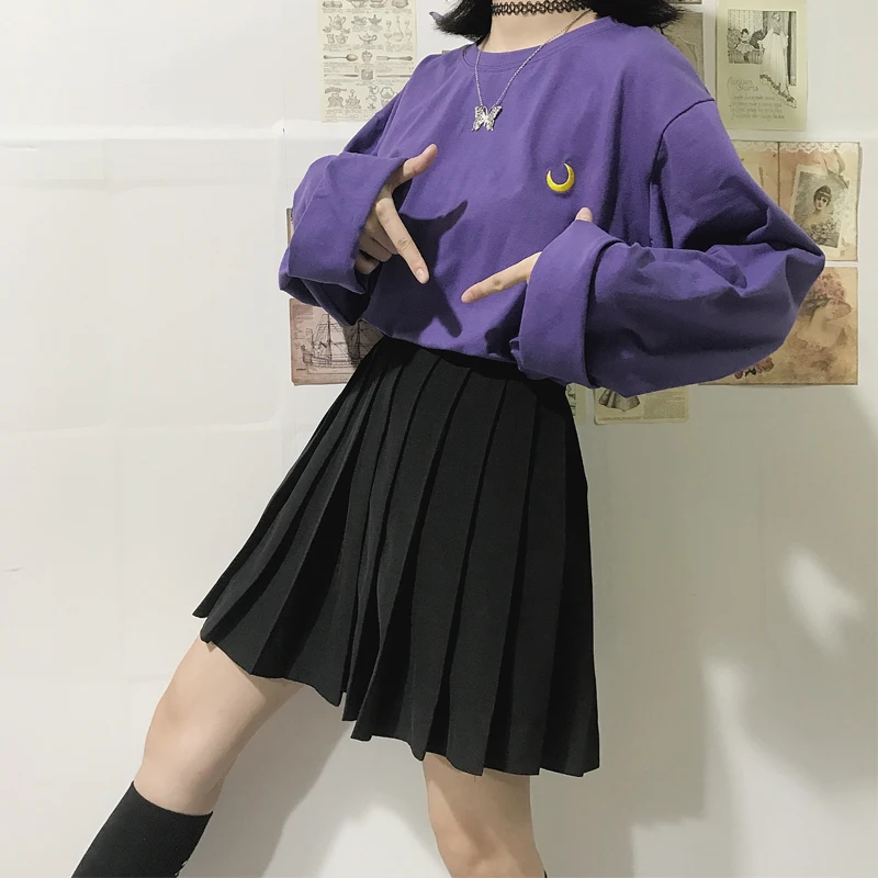 Harajuku женский стиль фиолетовый топ с длинными рукавами футболка Луна вышивка свободные Весенние футболки с круглым воротником женские