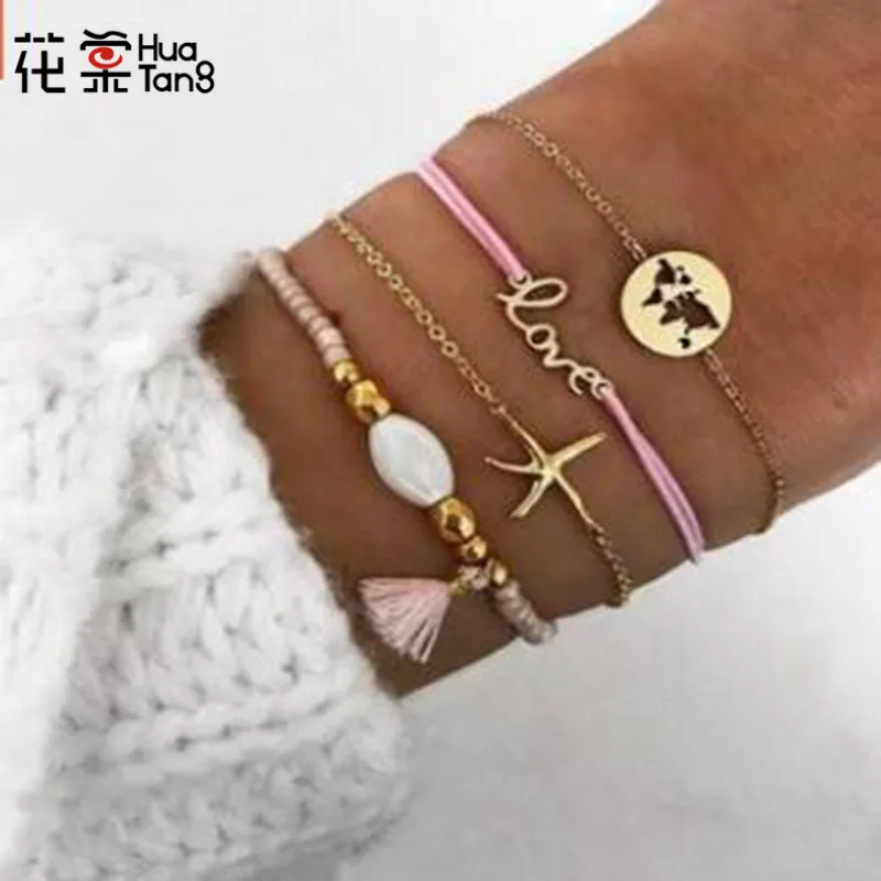 

HuaTang 4Pcs/Set Starfish World Map Boho Bangles for Women Beaded Tassel Adjustable Rope Charm Bracelets Jewelry Pulseras4038