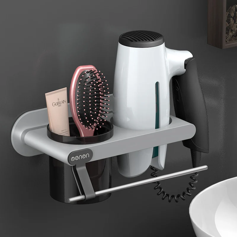 UNTIOR Plastic Hair Dryer Holder with Storage Cup Wall Mount Hair Dryer Shelf Storage Nail Free Bedroom Bathroom Accessories Set - Color: Gray2