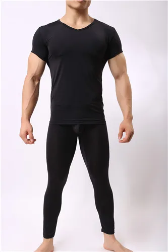 Мужская майка брюки набор ультра-тонкий прохладный спандекс термобелье белье рубашка и брюки набор - Цвет: Black