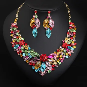 

Amazing Colorful Crystal Flower Necklace Fashion Ladies Parties Exaggerated Necklace Set Jewelry Wedding Accessories Wholesale