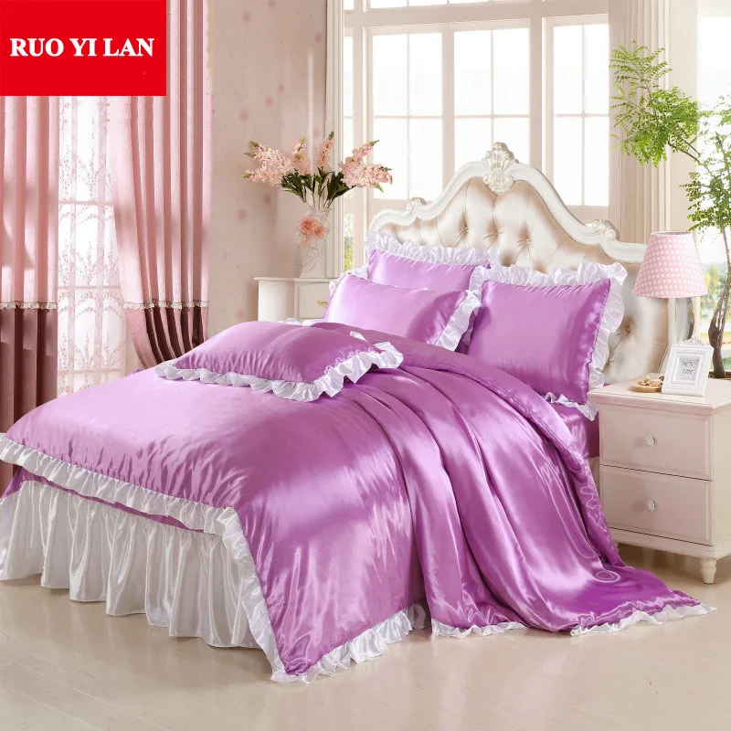 

Ice Silk Duvet Cover Set Silk-like Bedding Set Duvet Cover+Bed Skirt+Pillow case Four-piece Home Bedding 1.2m/1.5m/1.8m Bed