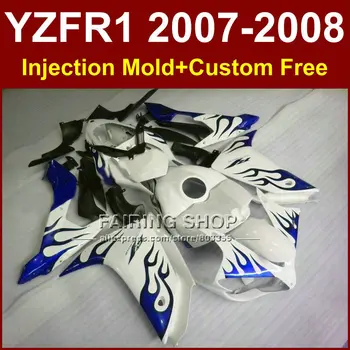 

Perfect fairing set for YAMAHA YZFR1 2007 2008 blue flame in white fairings kits R1 YZF R1 YZF1000 YZF 1000 07 08 bodyworks