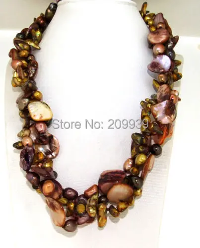 

huij 004163 3Rows Knotted Freshwater Pearl Coffee Nugget Shell Beads Necklace