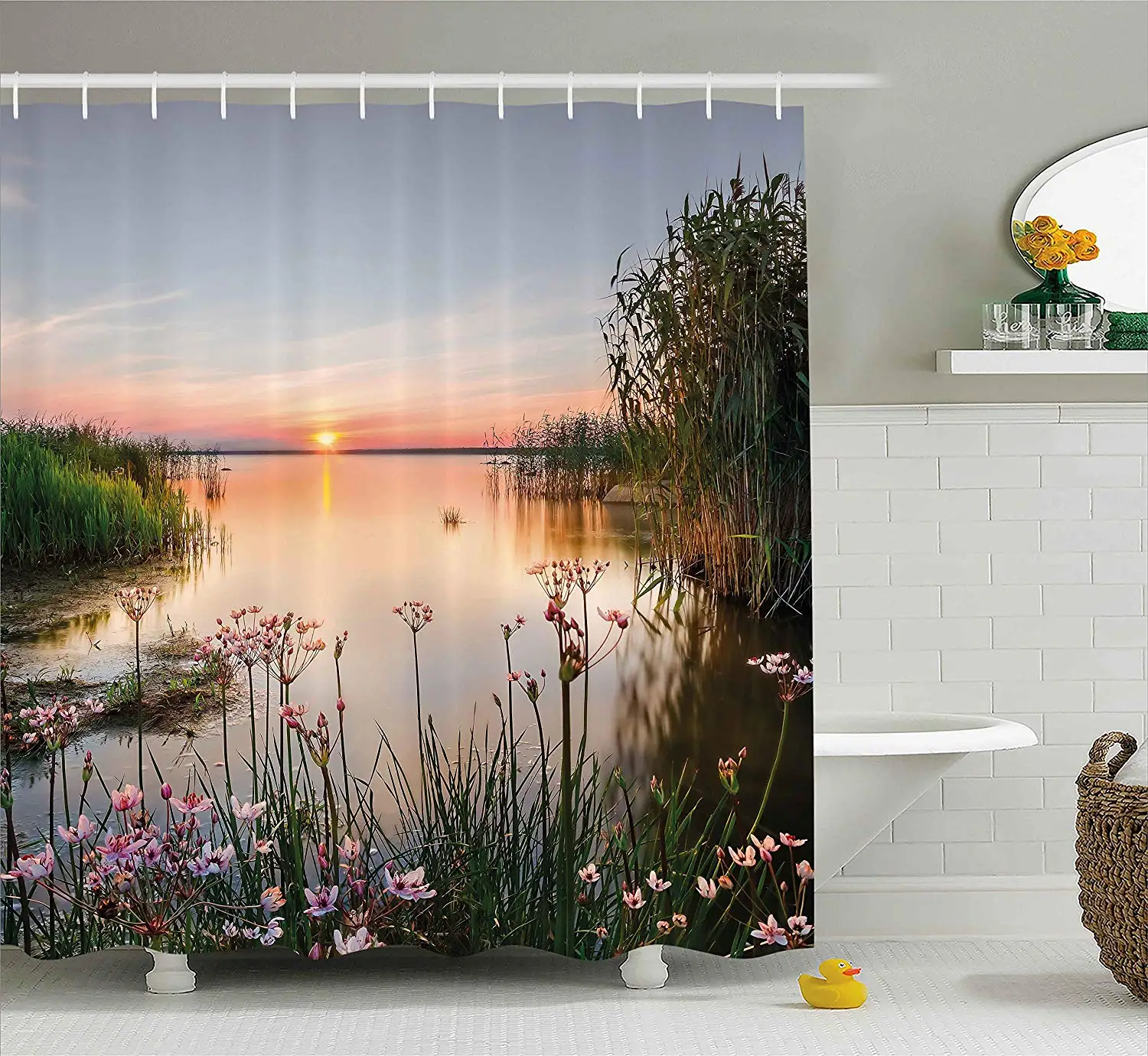 

Nature Shower Curtain Sunset at Chudskoy Lake Estonia View Spring Flowers Landscape Set Green Light Pink Baby Blue